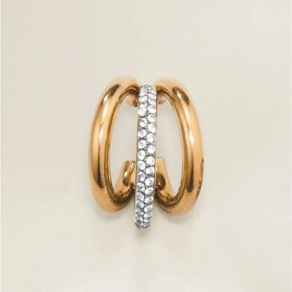 Mercer Double Hoop Stainless Steel huggie two tone Earrings Easter Sale Deal - Picture 2 of 2